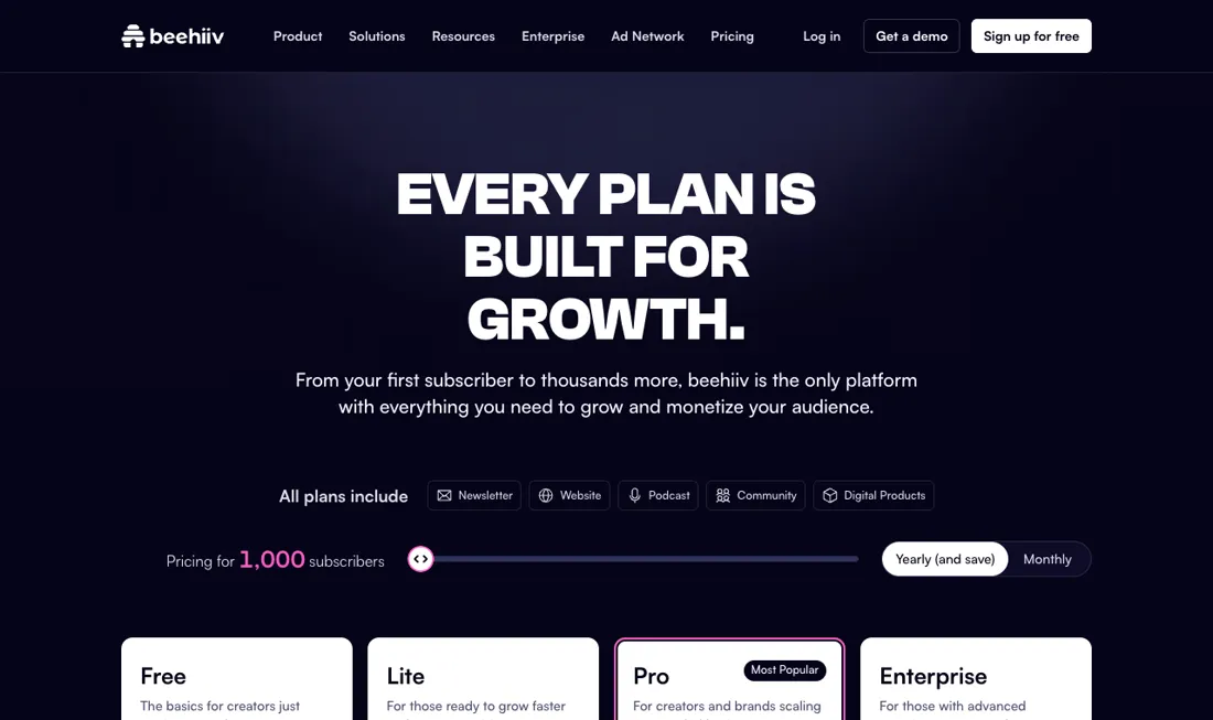 beehiiv pricing page