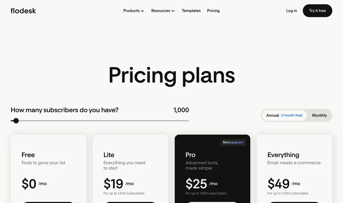 Flodesk pricing page