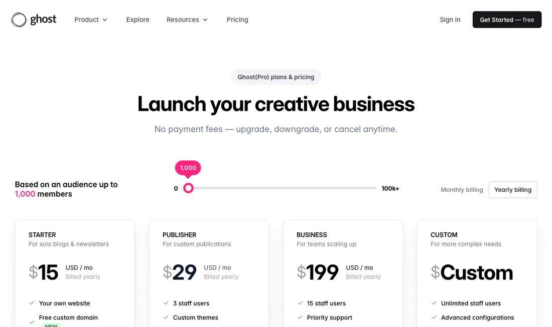 Ghost pricing page