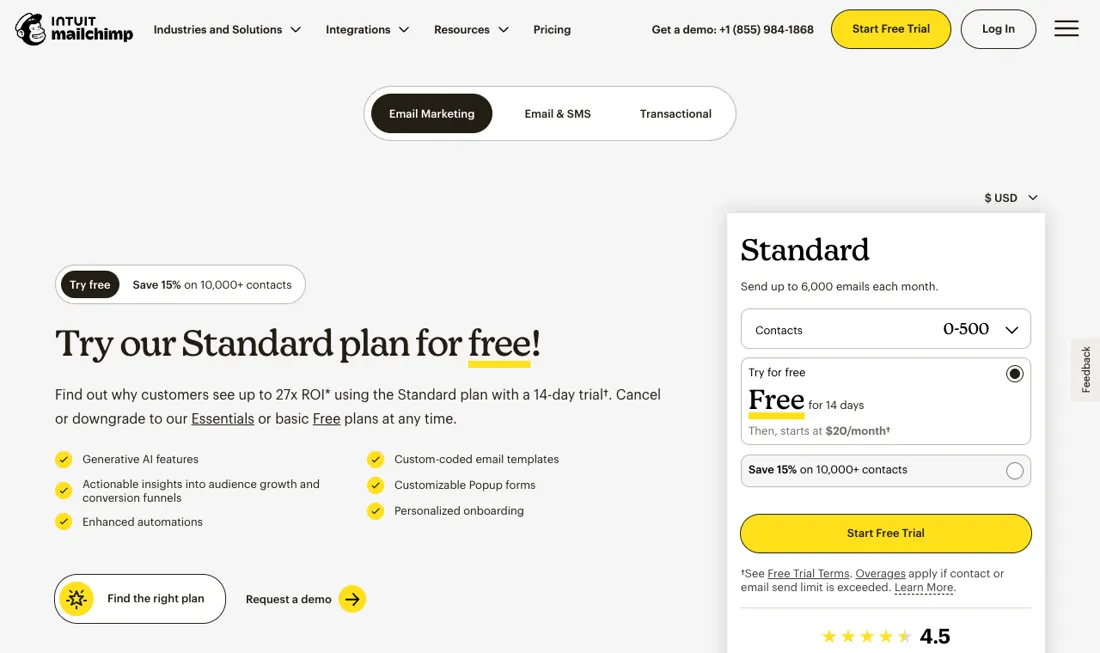 Mailchimp pricing page