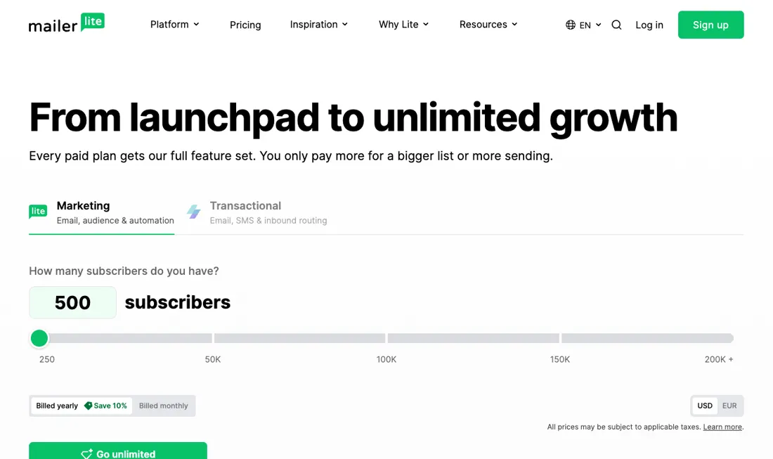 MailerLite pricing page