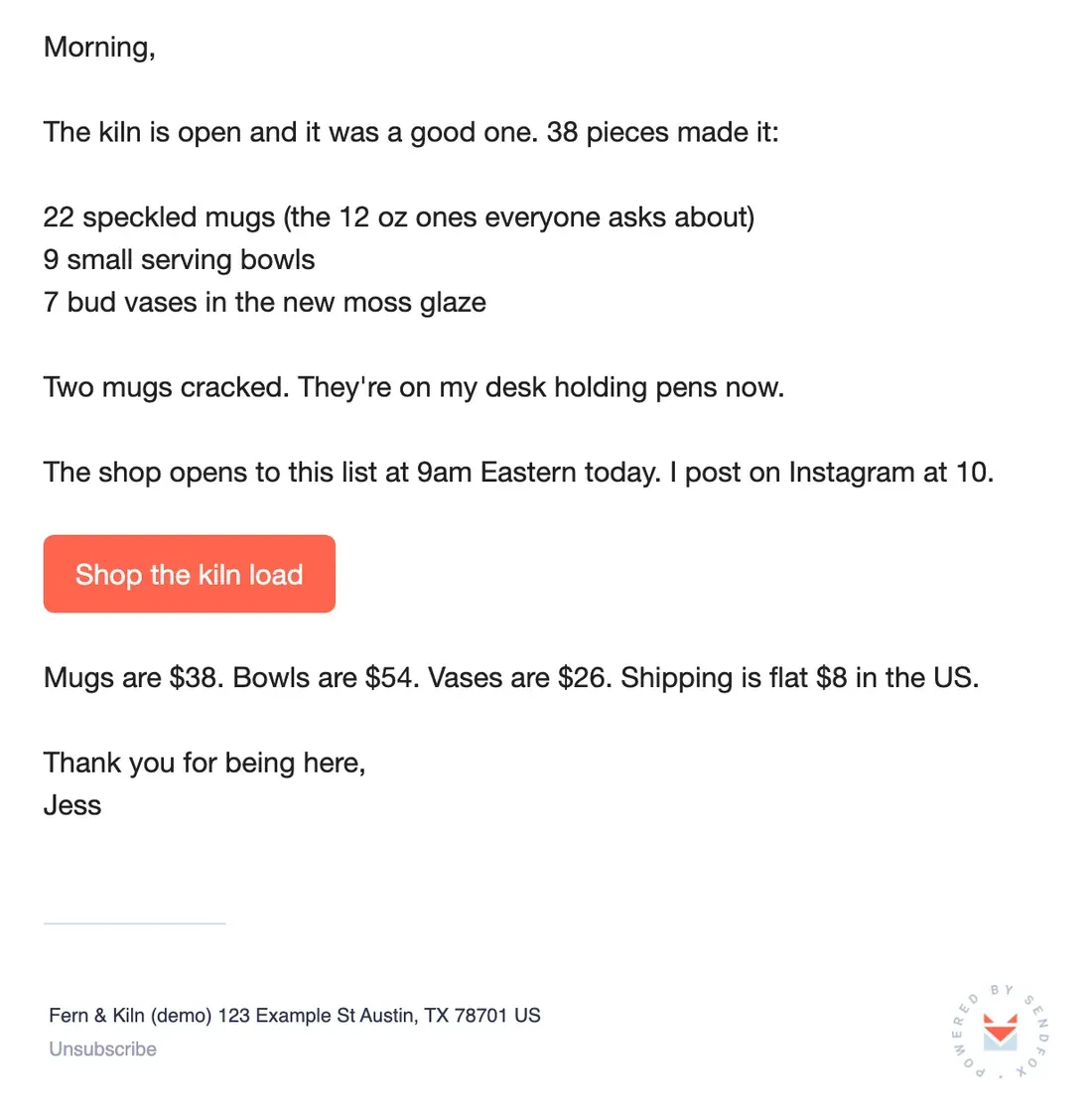 The sample email rendered in the SendFox preview, the way a subscriber sees it