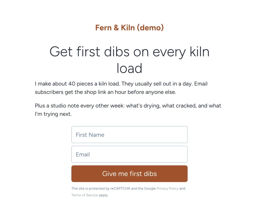 Fern & Kiln pottery Smart Page in SendFox offering early access to kiln drops