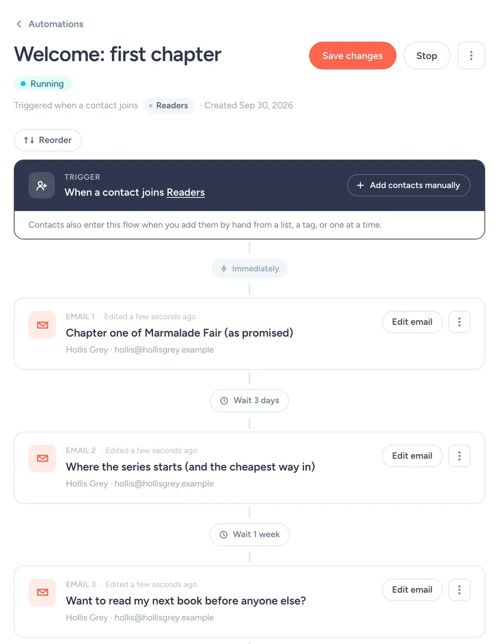 SendFox welcome automation with three emails that deliver a free chapter and introduce an author's books