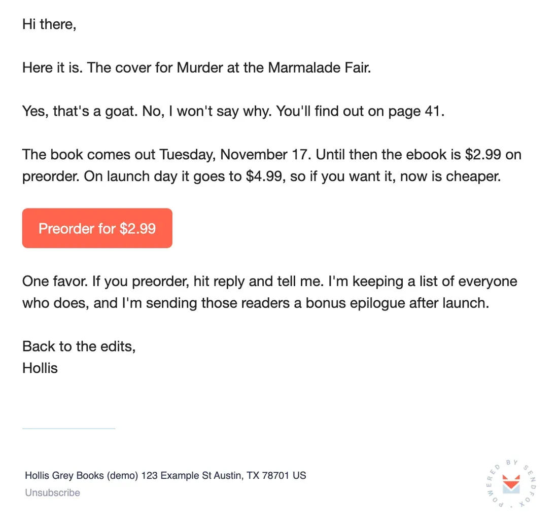 The sample email rendered in the SendFox preview, the way a subscriber sees it