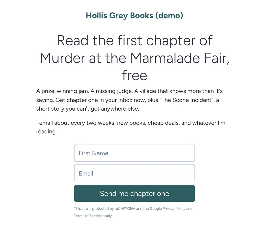 Hollis Grey Books Smart Page in SendFox offering the free first chapter of a cozy mystery