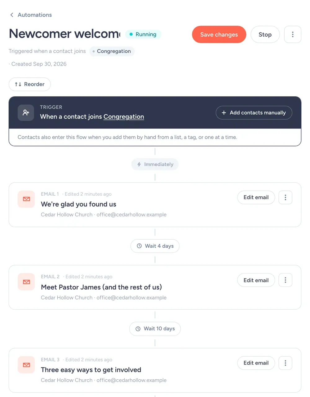 SendFox newcomer welcome automation with three emails for a church