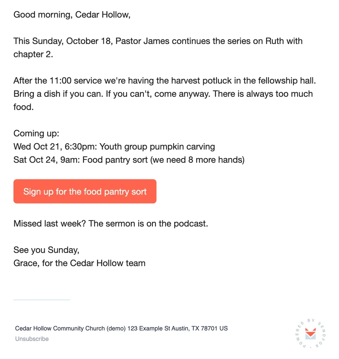 The sample email rendered in the SendFox preview, the way a subscriber sees it