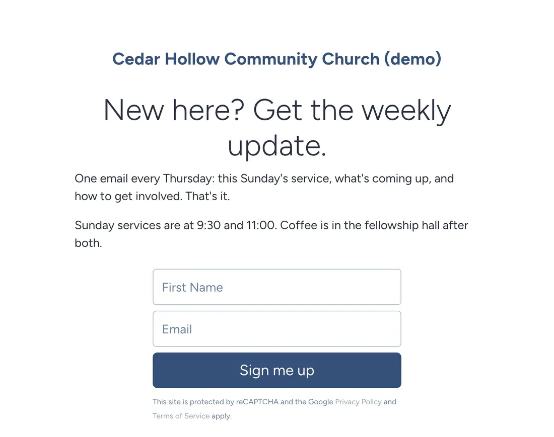 Cedar Hollow Community Church Smart Page in SendFox for newcomers to join the weekly email update
