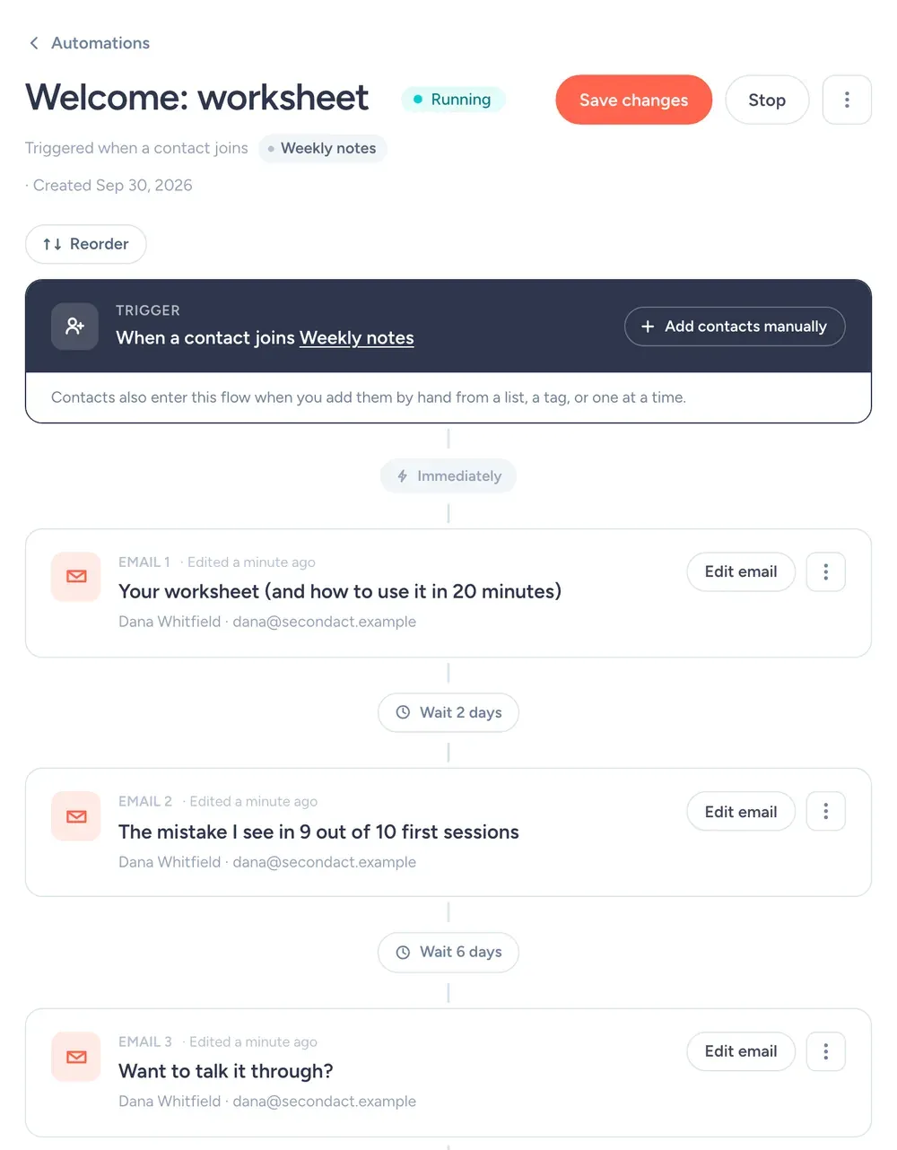 SendFox welcome automation for a coaching list ending in a discovery call invitation