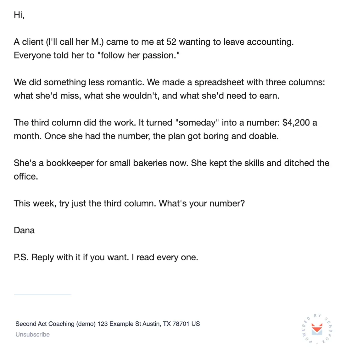 The sample email rendered in the SendFox preview, the way a subscriber sees it