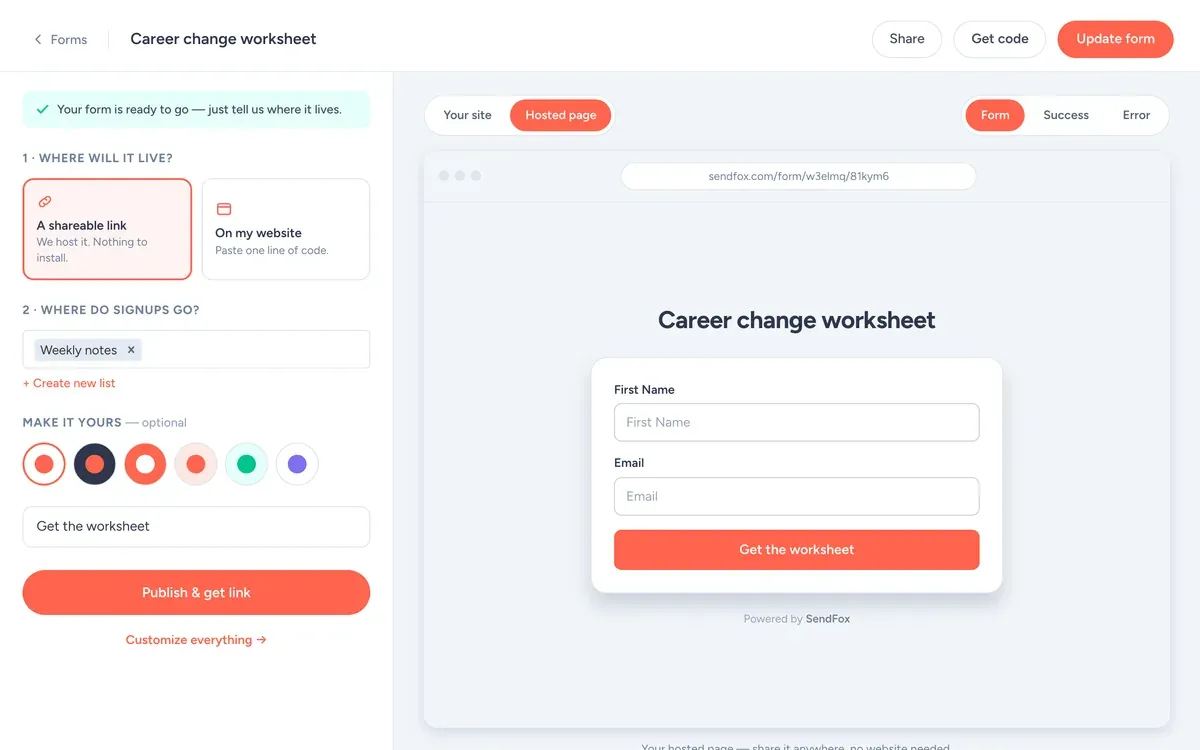 Second Act Coaching (demo) signup form in the SendFox form builder, asking for first name and email, with the button 'Get the worksheet'