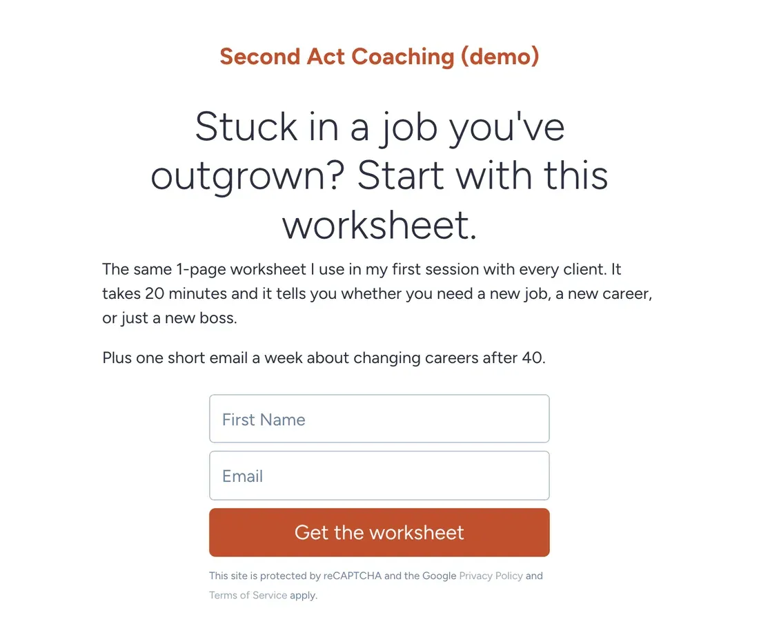 Second Act Coaching Smart Page in SendFox offering a free career change worksheet