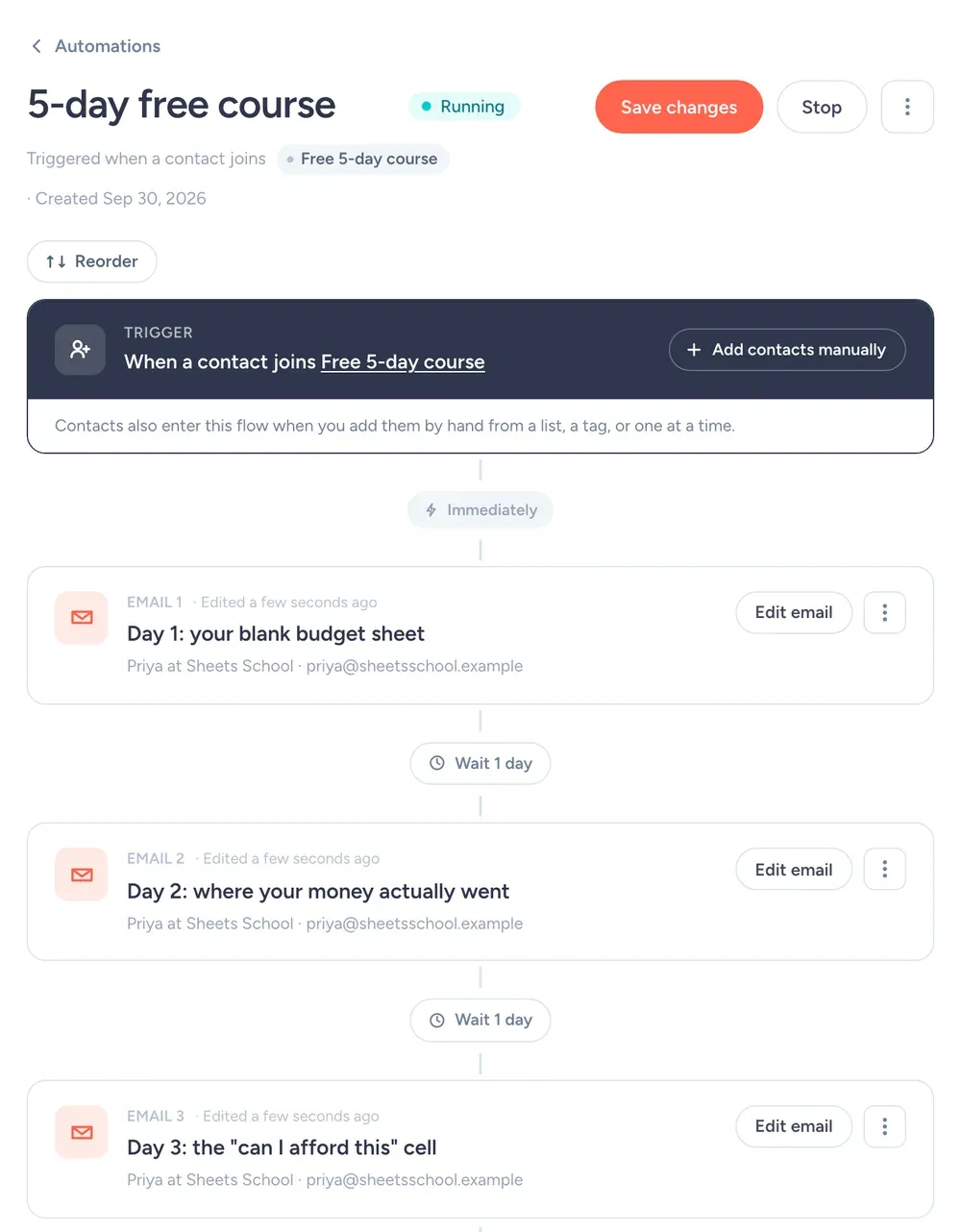 SendFox automation triggered when a contact joins a list, with three welcome emails