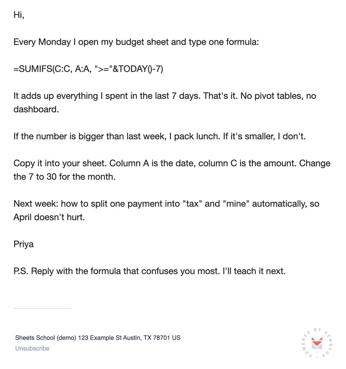 The sample email rendered in the SendFox preview, the way a subscriber sees it