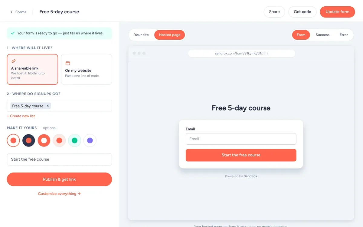 Sheets School (demo) signup form in the SendFox form builder, asking for email, with the button 'Start the free course'