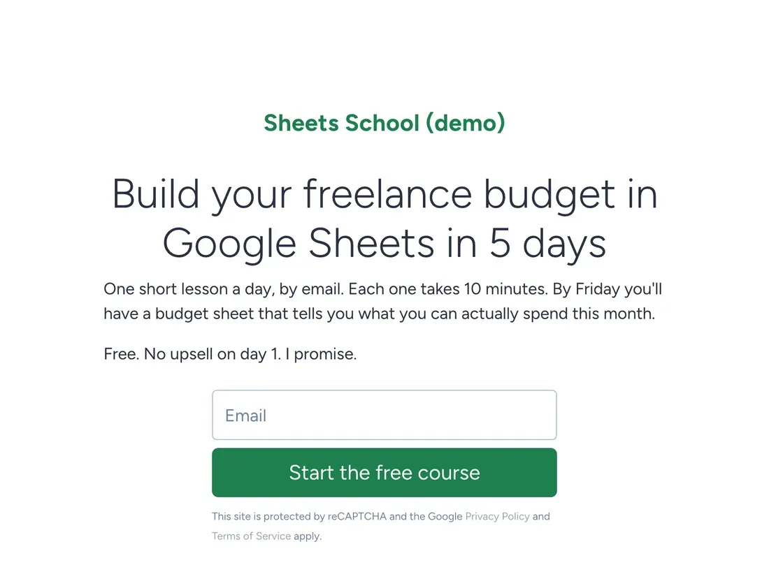 Sheets School Smart Page in SendFox for a free 5-day Google Sheets email course