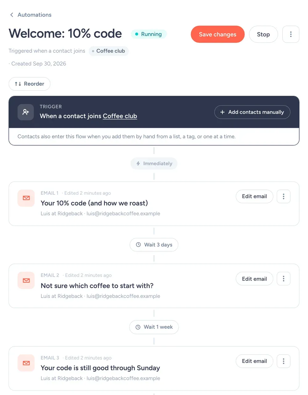 SendFox welcome automation that sends a first-order discount code and two follow-ups