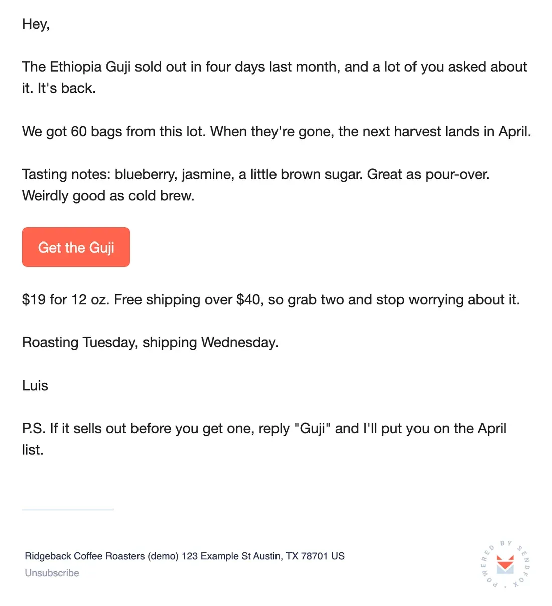 The sample email rendered in the SendFox preview, the way a subscriber sees it