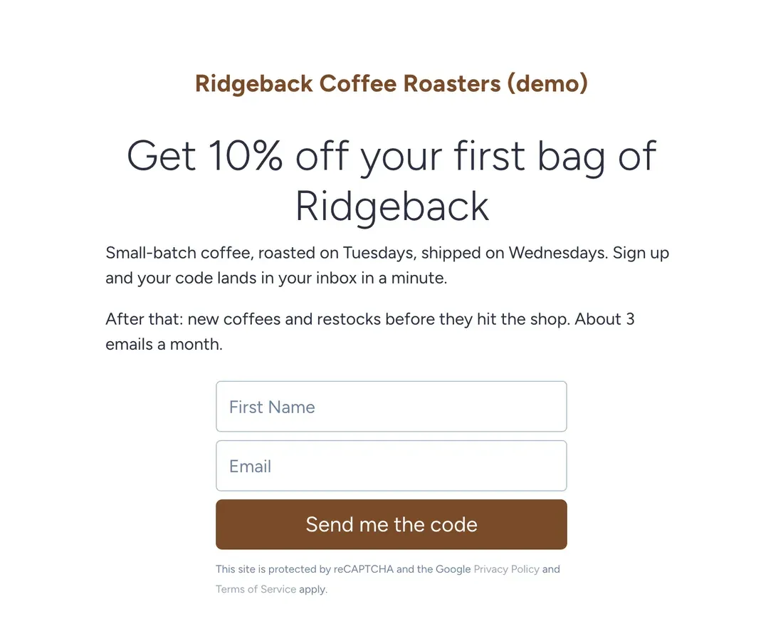Ridgeback Coffee Roasters Smart Page in SendFox offering 10% off a first bag of coffee