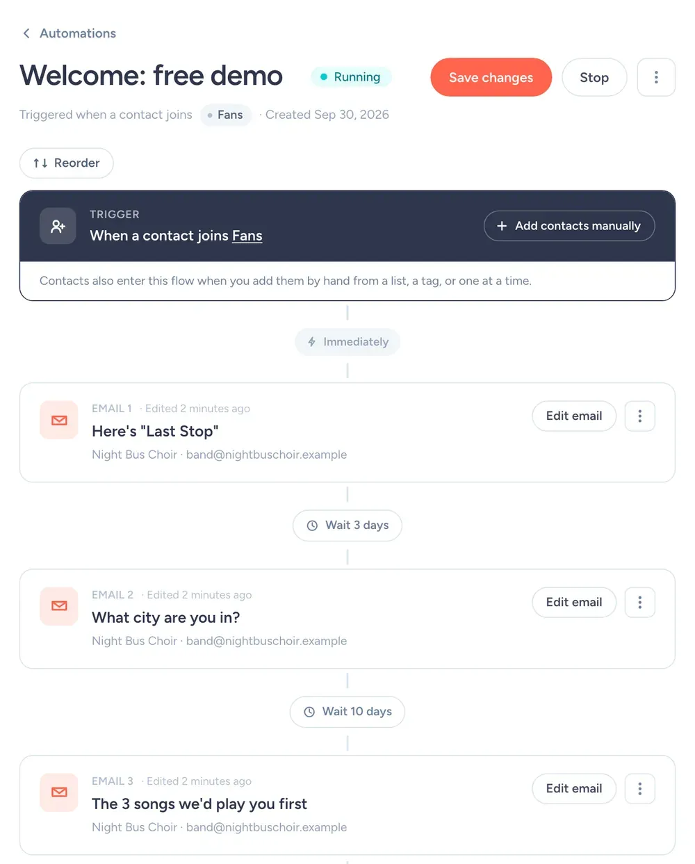 SendFox welcome automation for a band's fan list with three emails
