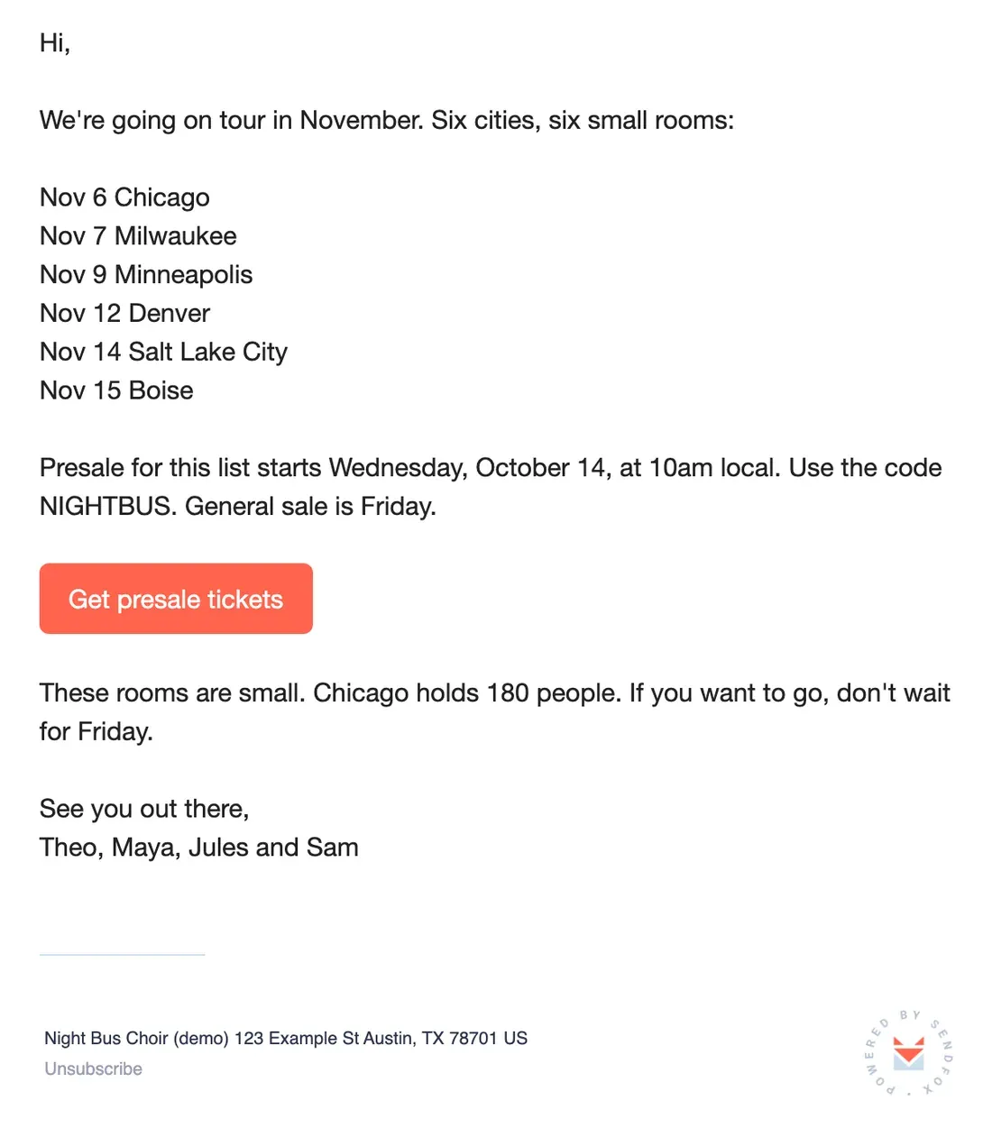 The sample email rendered in the SendFox preview, the way a subscriber sees it