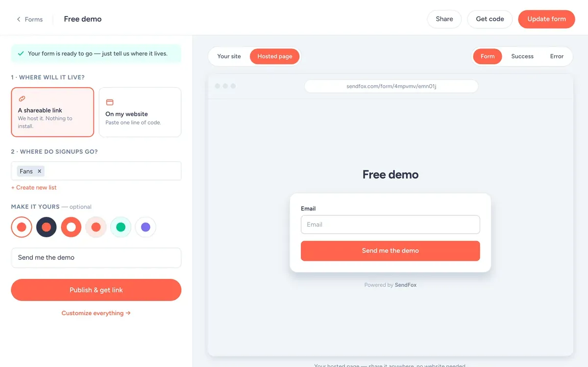 Night Bus Choir (demo) signup form in the SendFox form builder, asking for email, with the button 'Send me the demo'
