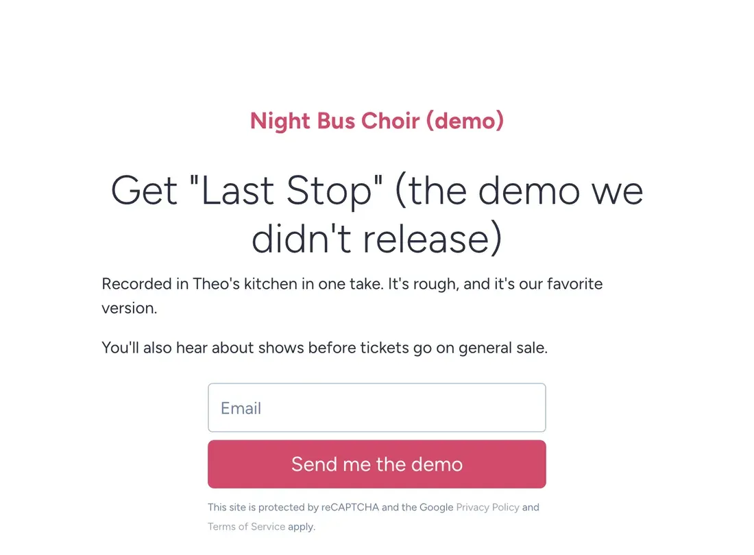 Night Bus Choir Smart Page in SendFox offering a free unreleased demo download