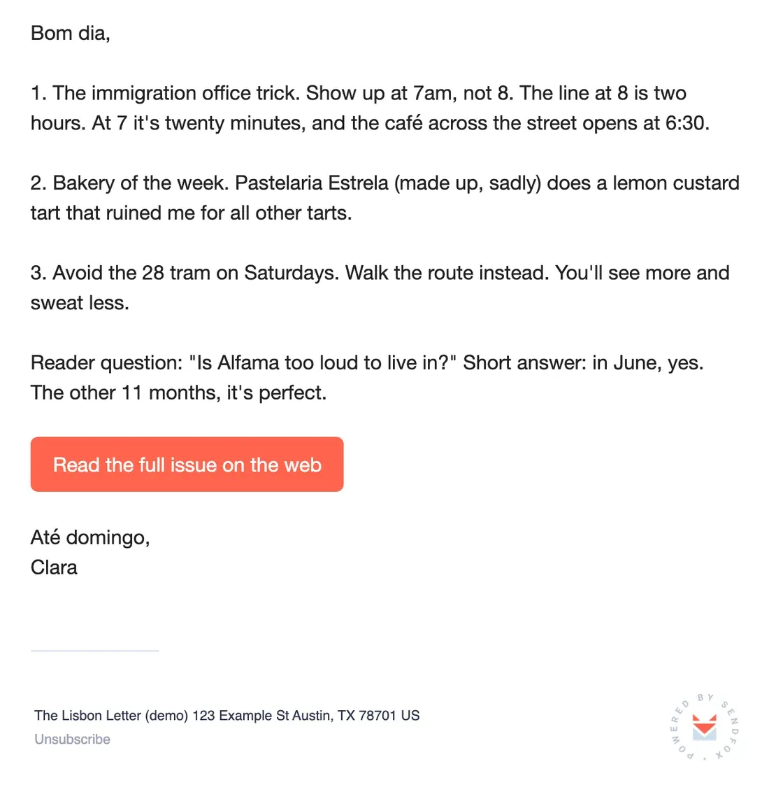 The sample email rendered in the SendFox preview, the way a subscriber sees it