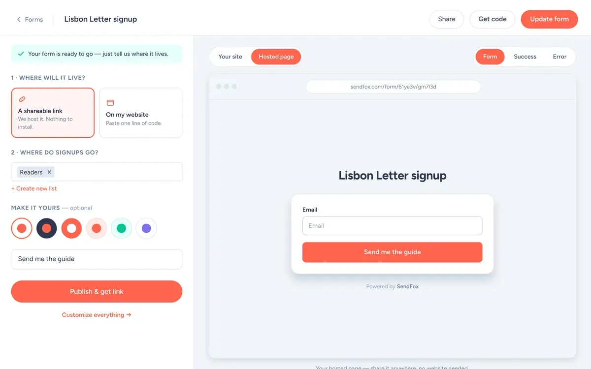 The Lisbon Letter (demo) signup form in the SendFox form builder, asking for email, with the button 'Send me the guide'