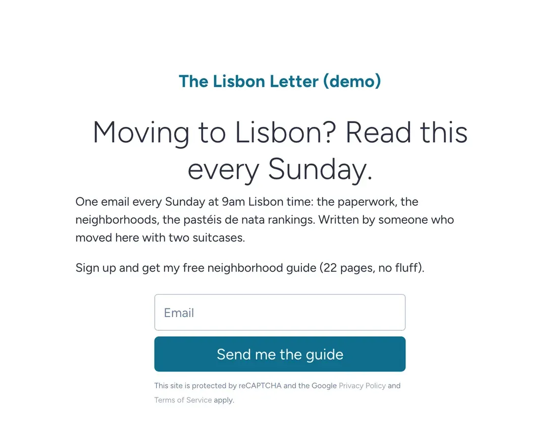 The Lisbon Letter Smart Page in SendFox offering a free Lisbon neighborhood guide for newsletter subscribers