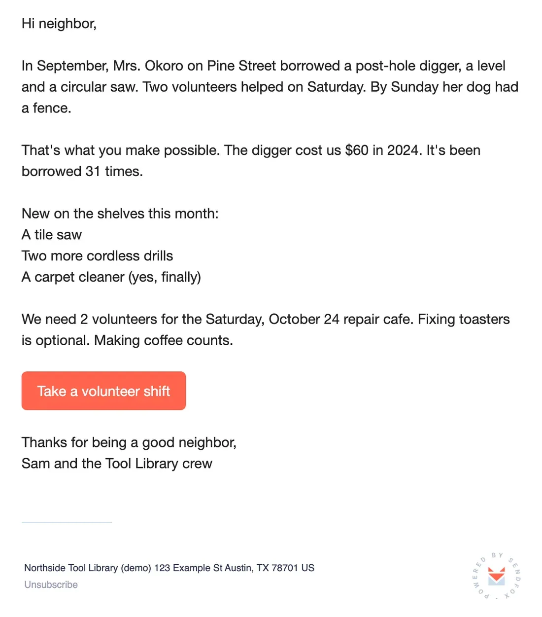 The sample email rendered in the SendFox preview, the way a subscriber sees it