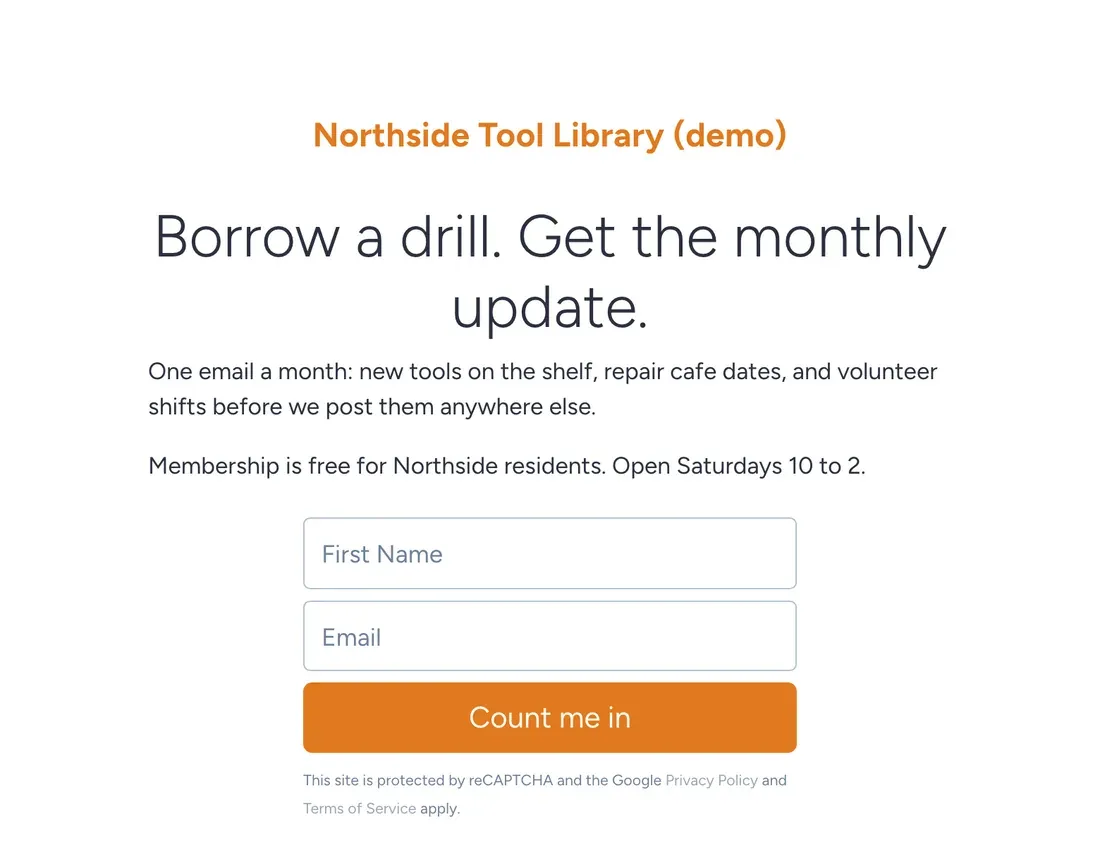 Northside Tool Library Smart Page in SendFox for neighbors to join the monthly update