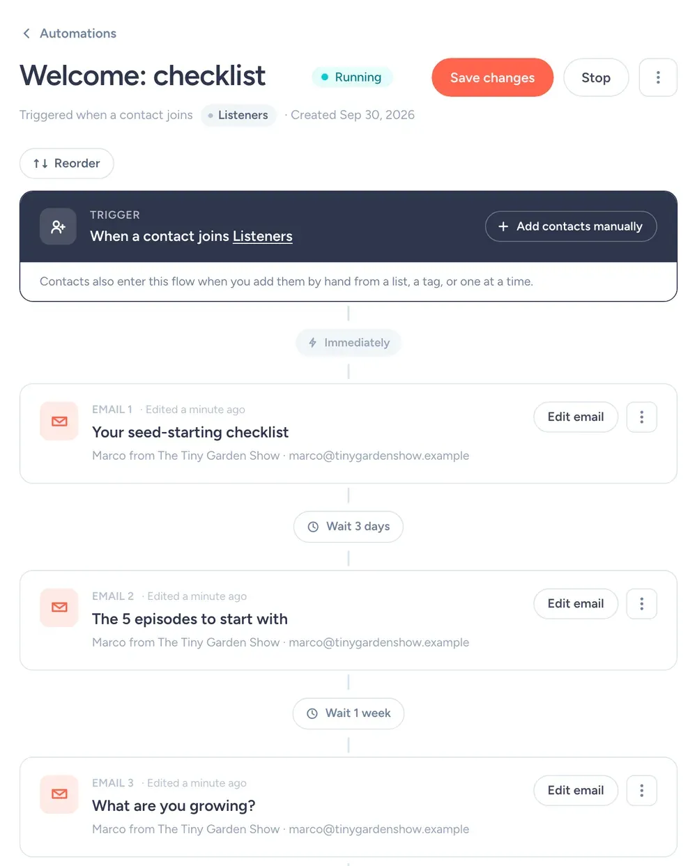 SendFox welcome automation for podcast listeners with three emails