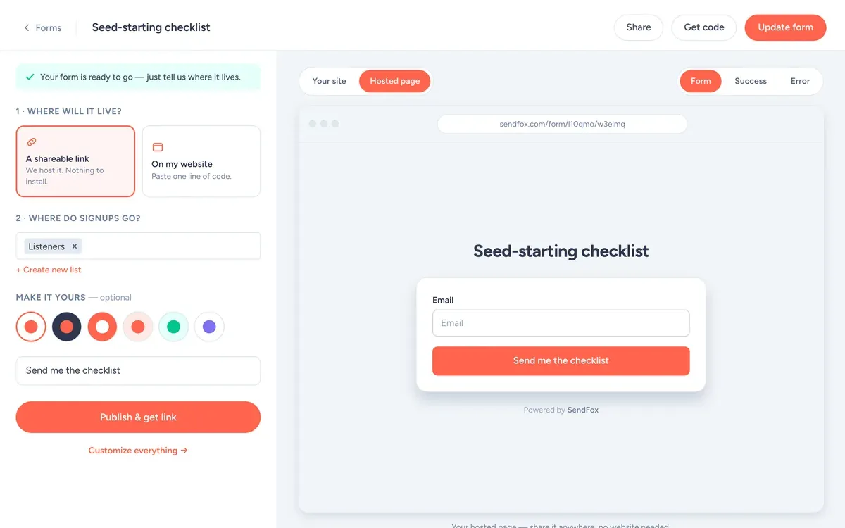 The Tiny Garden Show (demo) signup form in the SendFox form builder, asking for email, with the button 'Send me the checklist'
