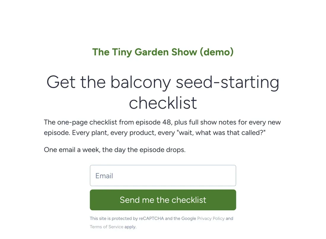 The Tiny Garden Show Smart Page in SendFox offering a balcony seed-starting checklist