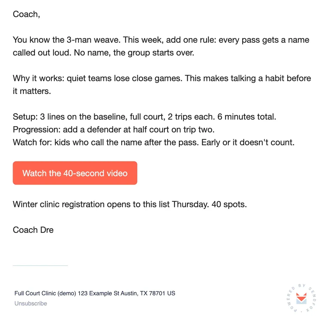 The sample email rendered in the SendFox preview, the way a subscriber sees it