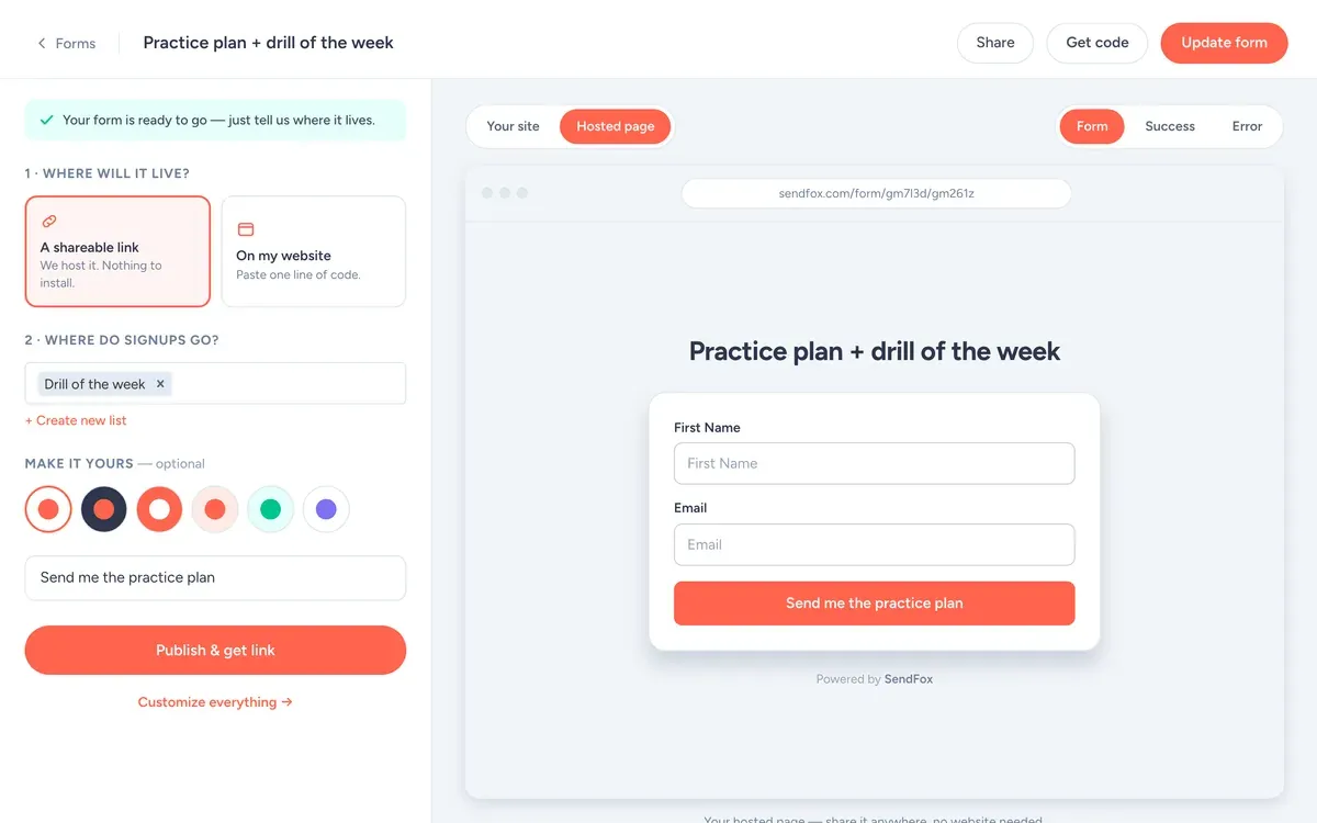 Full Court Clinic (demo) signup form in the SendFox form builder, asking for first name and email, with the button 'Send me the practice plan'