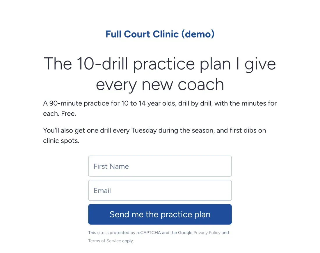 Full Court Clinic Smart Page in SendFox offering a free 10-drill basketball practice plan