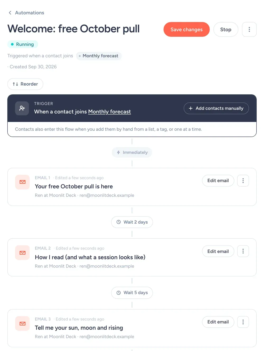 SendFox automation with three welcome emails for new Moonlit Deck subscribers