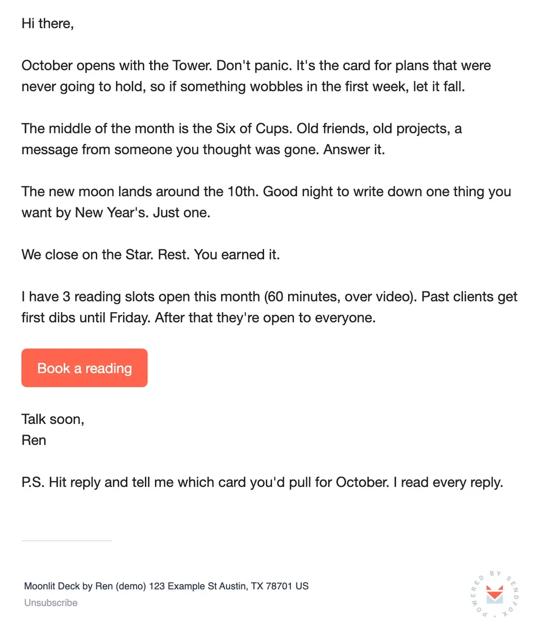 The sample email rendered in the SendFox preview, the way a subscriber sees it
