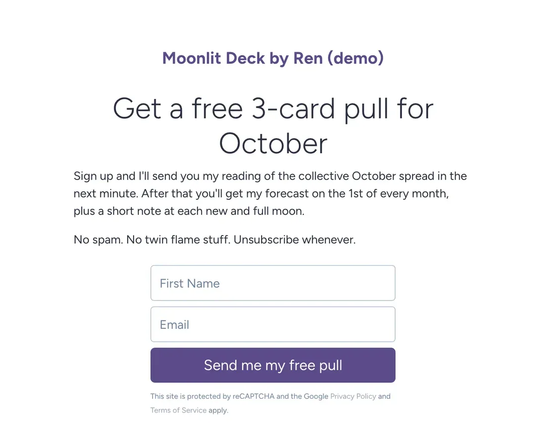 Moonlit Deck by Ren Smart Page in SendFox offering a free 3-card October tarot pull with a first name and email signup form