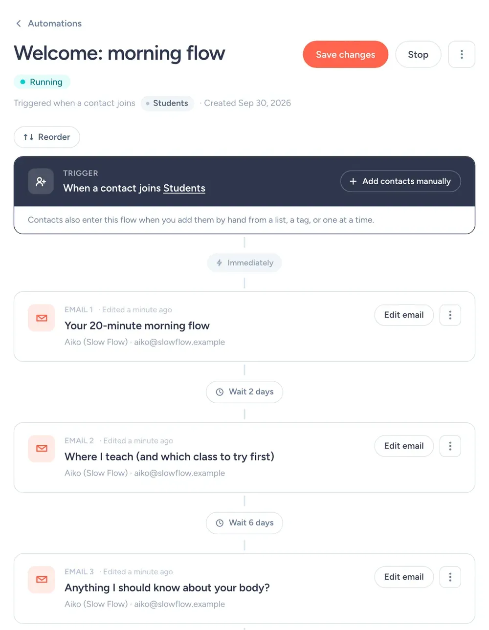 SendFox welcome automation for new yoga students