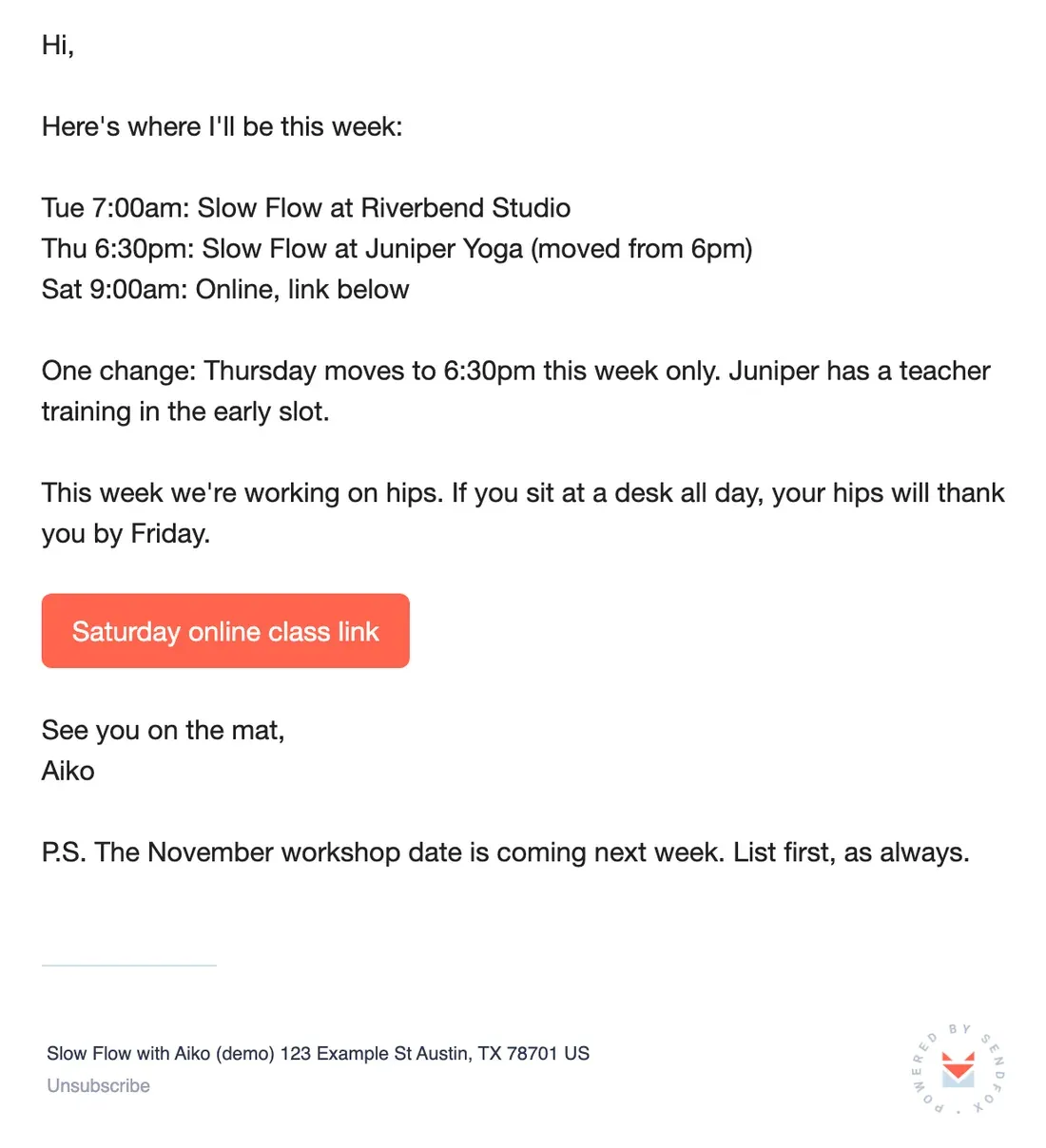 The sample email rendered in the SendFox preview, the way a subscriber sees it
