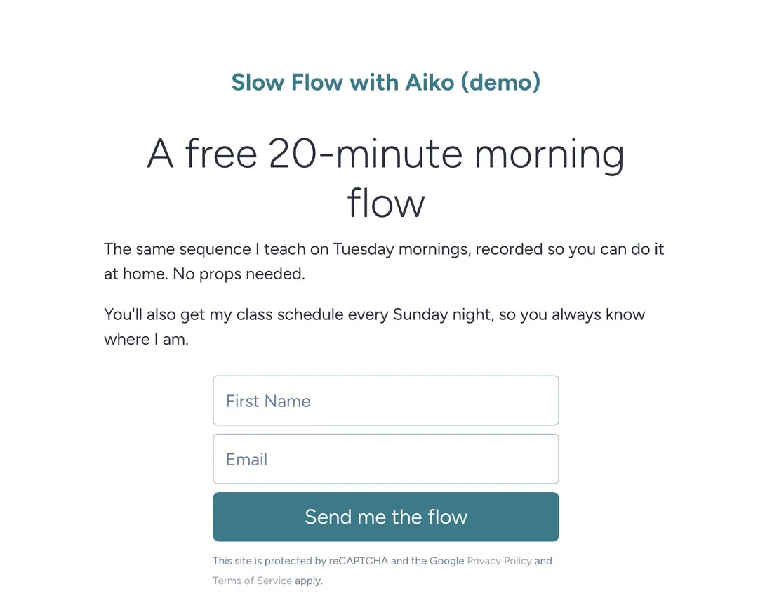 Slow Flow with Aiko Smart Page in SendFox offering a free 20-minute morning yoga flow