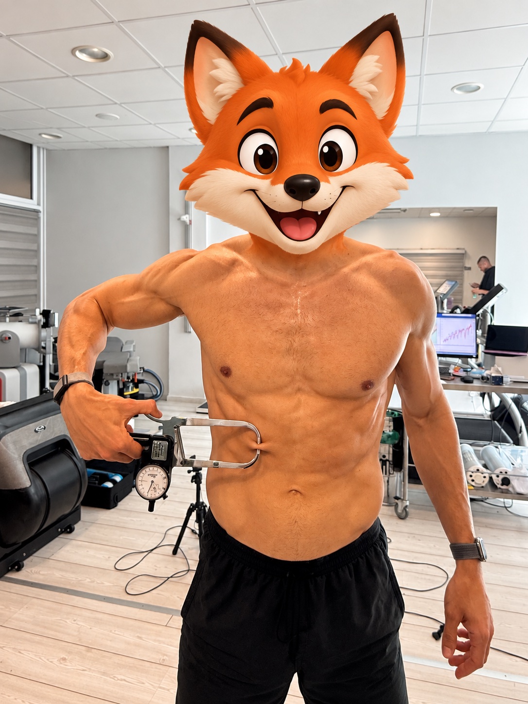Playful edit of Marc’s workout photo with an oversized cartoon fox head
