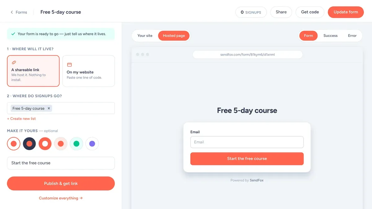 SendFox form builder with a hosted page preview and a list selected for signups
