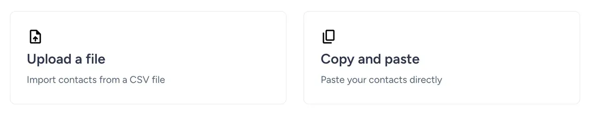 SendFox import screen with Upload a file and Copy and paste options